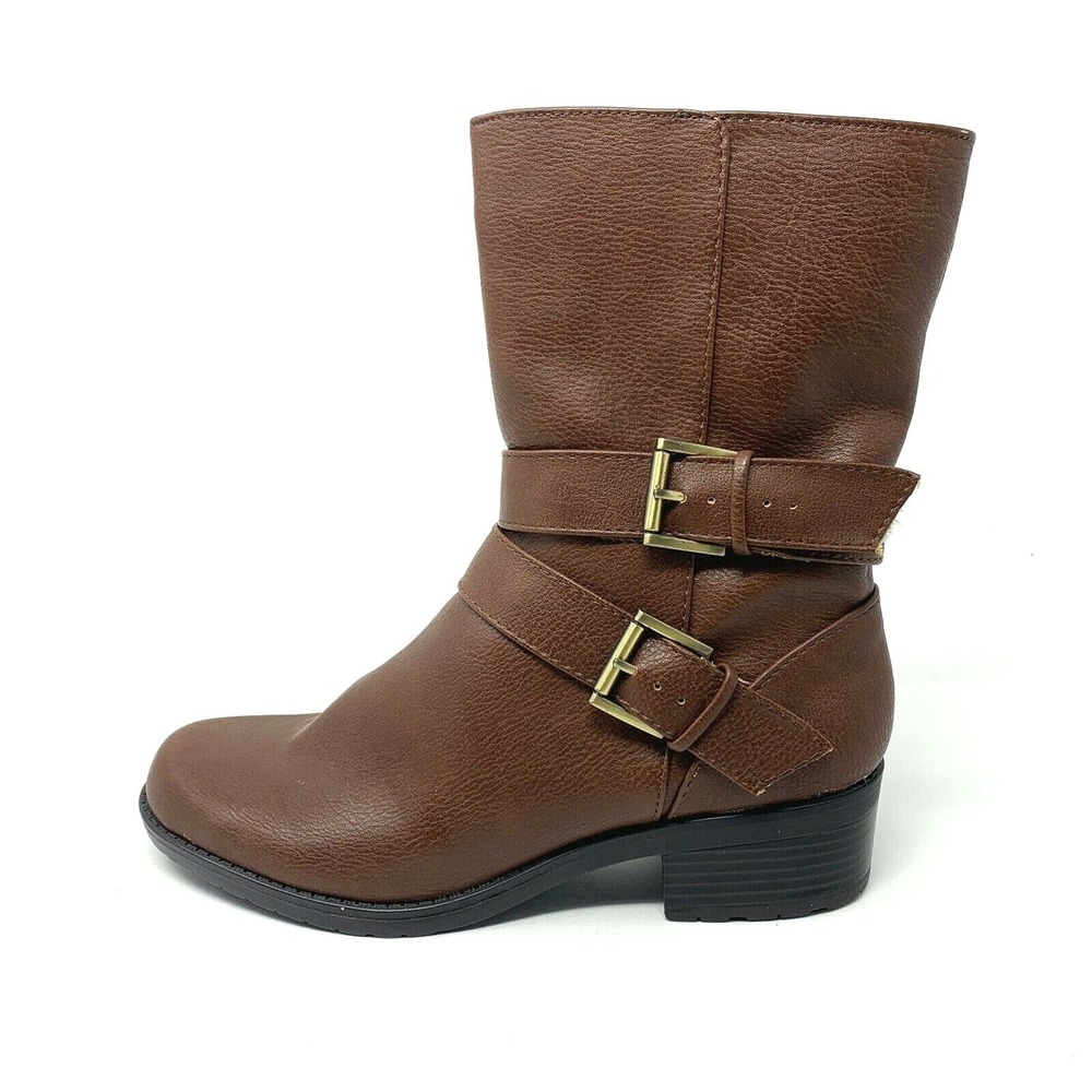 New Anne Klein Flex Womans Sz 5.5 M Lavinia Brown Boots Vegan Leather Buckle NIB